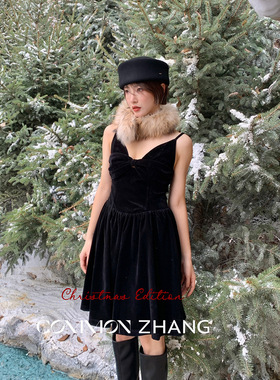 CZ ZHANG秋冬金丝绒V领吊带连衣裙女名媛氛围感年会礼服裙 B36469