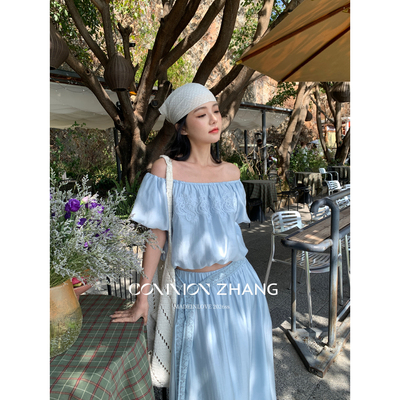 CZ ZHANG夏装新款纯欲月光法式浪漫度假风泡泡花苞刺绣一字肩小衫