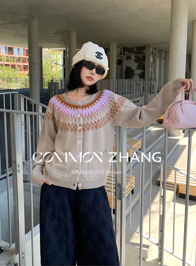 CZ ZHANG秋冬绵羊绒提花针织开衫女费尔岛圆领圣诞毛衣外套B45211