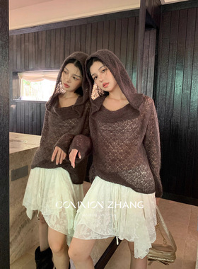 CZ ZHANG秋季废土风沙丘马海毛一字领连帽镂空羊毛针织衫女B35632
