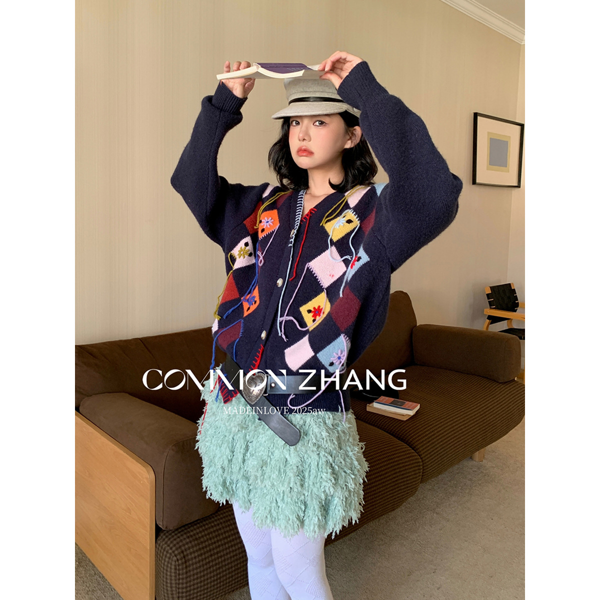 CZ ZHANG费尔岛绣花流苏针织开衫女V领提花甜美毛衣外套 B45279