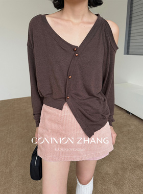 CZ ZHANG秋慵懒风不规则V领针织开衫女宽松休闲毛衣外套 B33470