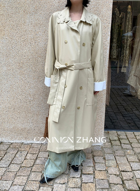 CZ ZHANG秋名媛风中长款花边领镂空绣花PU风衣女休闲皮大衣