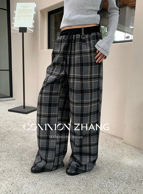 CZ ZHANG秋冬复古格子松紧腰抽绳直筒宽松休闲裤女阔腿裤 B31903