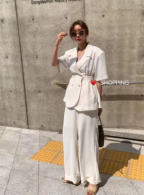 不退换收腰短袖西装套装2024新款气质显瘦上衣高腰阔腿裤子两件套