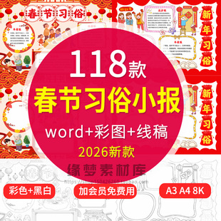 2026马年春节习俗手抄报年夜饭贴春联除尘除夕守岁年俗电子小报