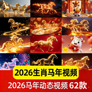 2026马年会新年春节红色喜庆万马奔腾跑晚会背景动态视频素材草原