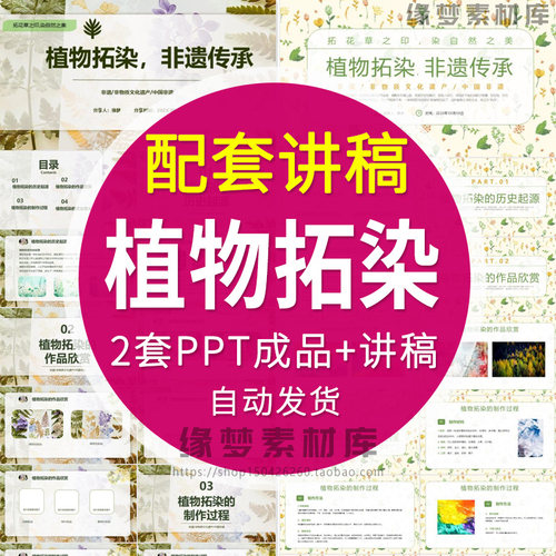 中国传统非遗文化植物拓染PPT模板课件非物质文化遗产+配套讲稿