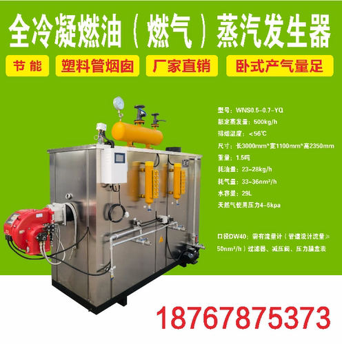 卧式半吨全冷凝燃油燃气蒸汽发生器洗涤烘干食品塑料烟囱环保锅炉