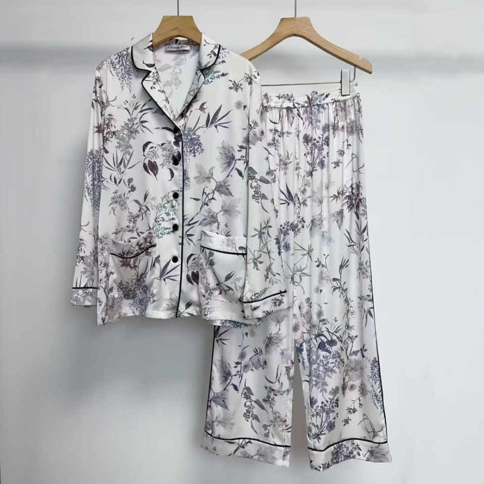 【极简衣厨】新款真丝印花家居服套装女长袖长裤睡衣两件套