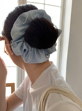 珍珠蝴蝶结蓝色缎面大肠发圈女高级感韩系甜美丸子头盘发头绳发饰