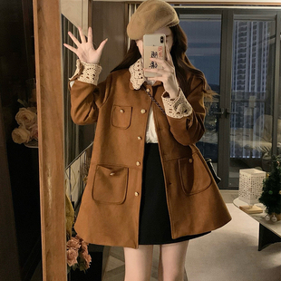 焦糖色花边领麂皮绒外套女秋冬新款美拉德穿搭中长款风衣夹克开衫
