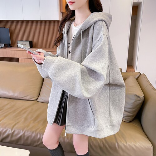 你会穿n次 连帽卫衣外套灰色开衫女春秋休闲宽松韩系慵懒风