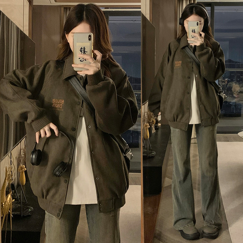 灰绿色鹿皮绒棒球服女春秋款美式复古高街翻领开衫夹克外套小个子