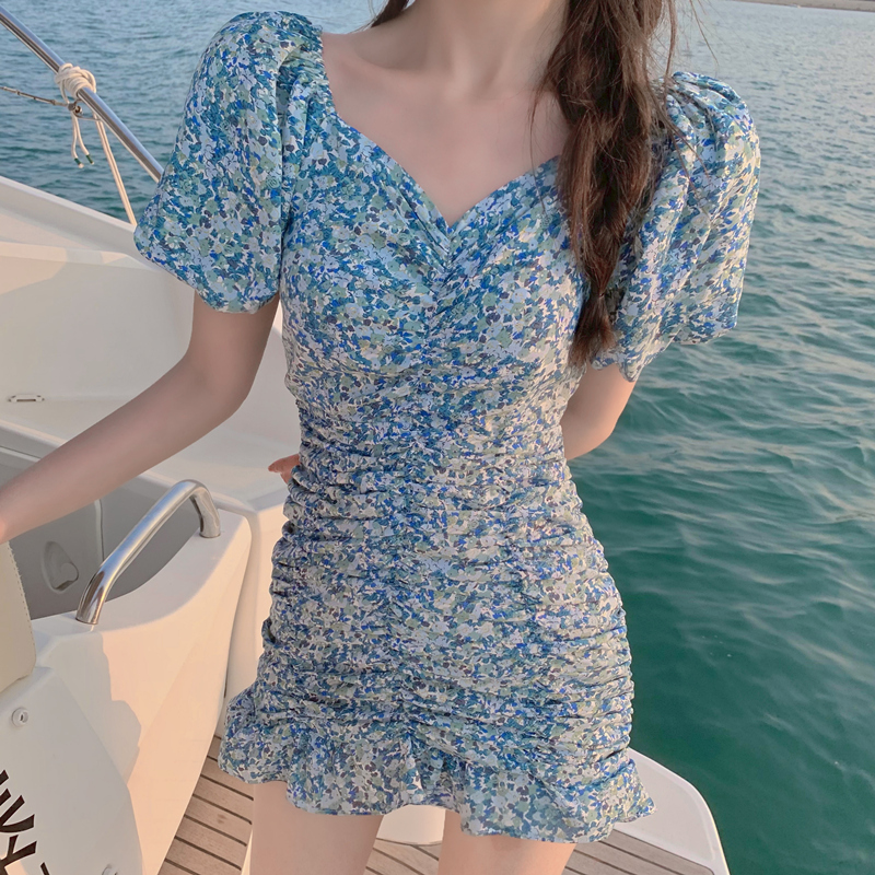 Real price pleated bubble sleeve Decor dress