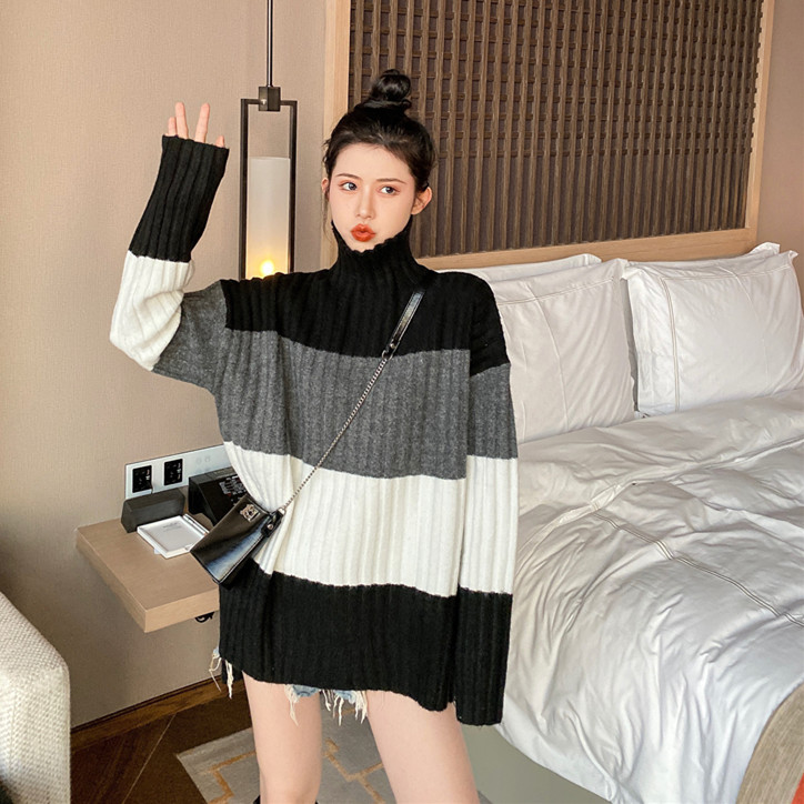 Real price high collar color matching front short back long knitted sweater