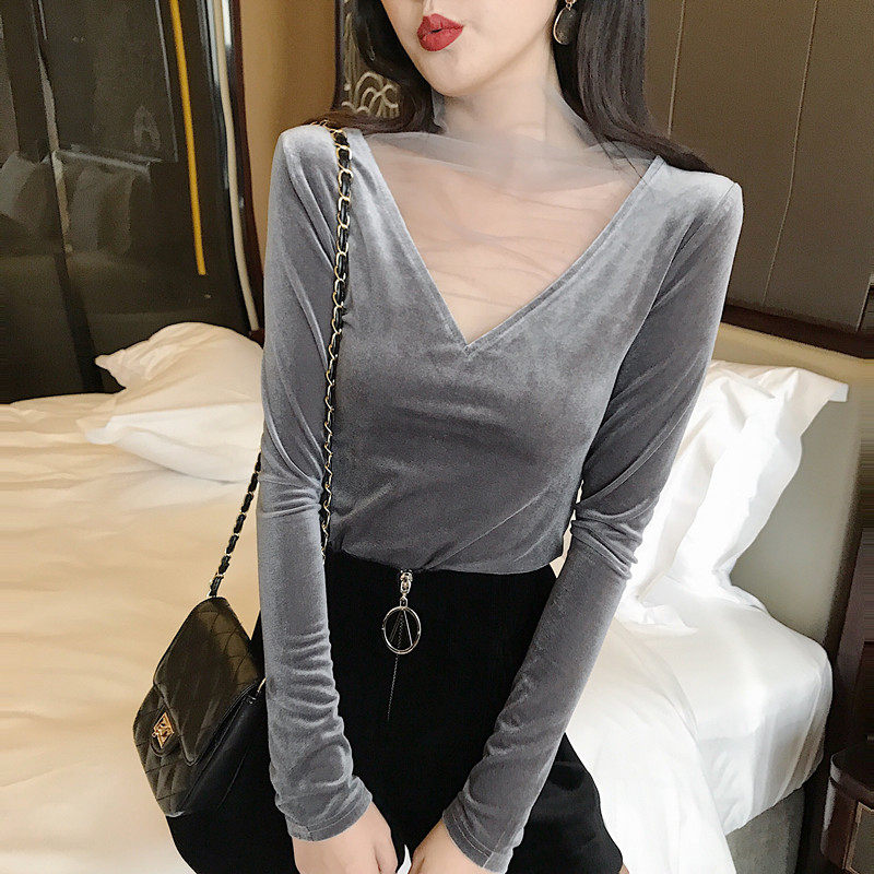 Real price V-neck mesh stitched velvet T-shirt