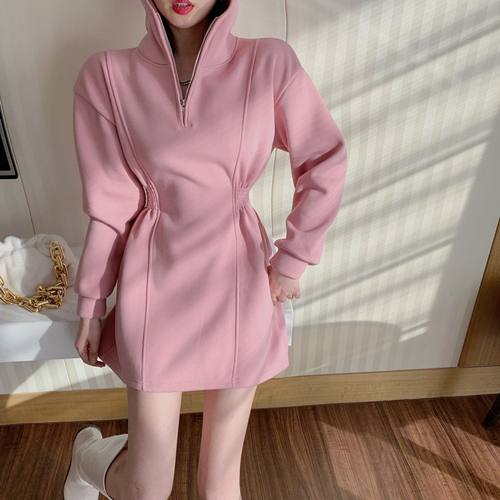 Real price hooded waist Plush sweater dress