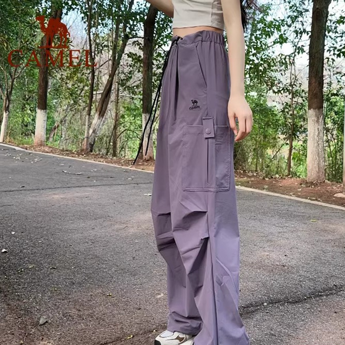 骆驼降落伞工装裤运动长裤女秋春季高腰垂感美式束脚阔腿伞兵裤夏
