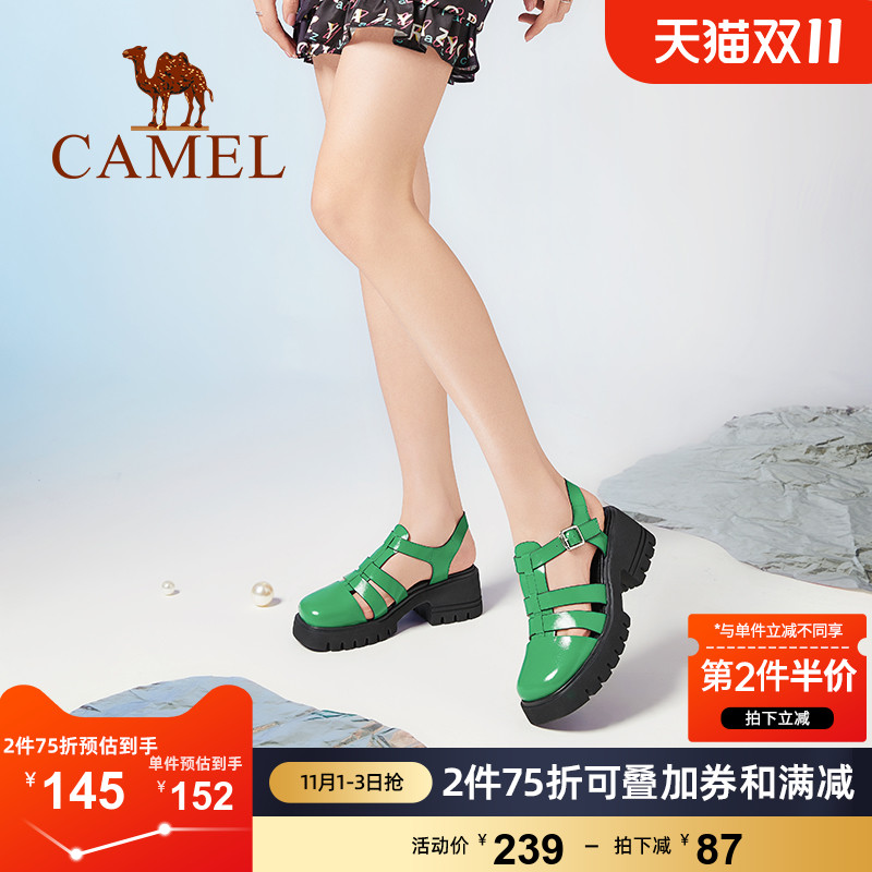 骆驼女鞋夏季新款休闲猪笼鞋罗马凉鞋女真皮厚底粗跟凉鞋女
