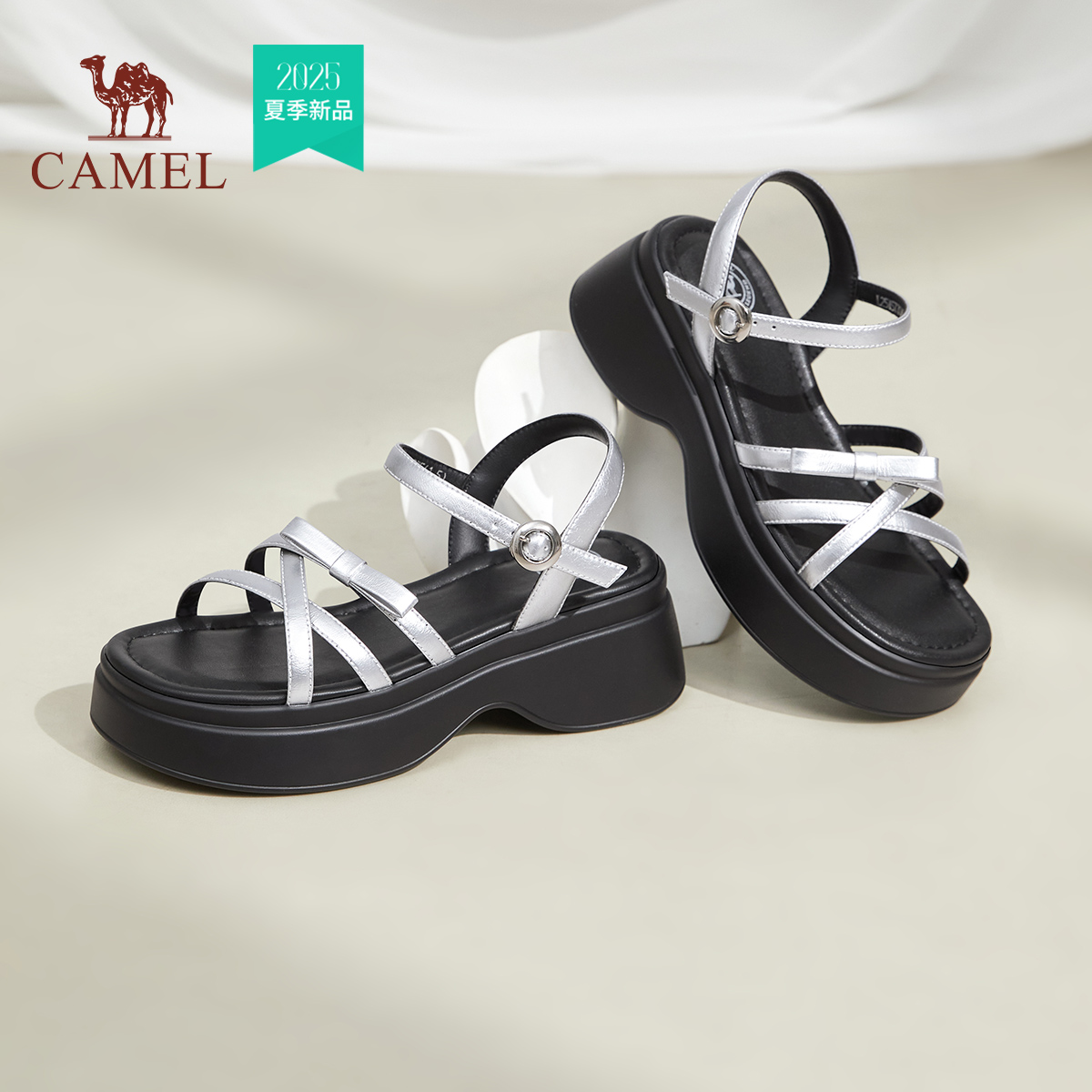 骆驼女鞋2025夏季新款厚底增高一字带凉鞋休闲凉鞋百搭运动凉鞋女