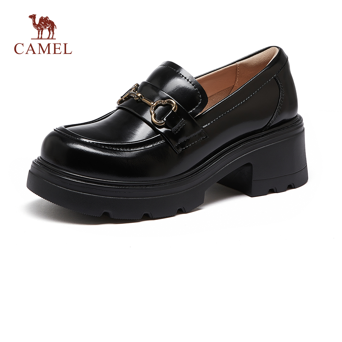 骆驼女鞋小皮鞋厚底粗跟乐福鞋女