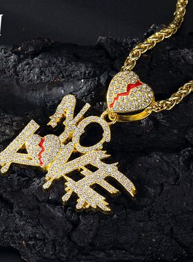 跨境新品心碎字母吊坠合金满砖嘻哈街头风项链潮人穿搭饰品工厂