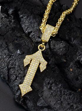 嘻哈镶钻字母I项链吊坠欧美爆品大宝剑字母长款男潮链子跨境