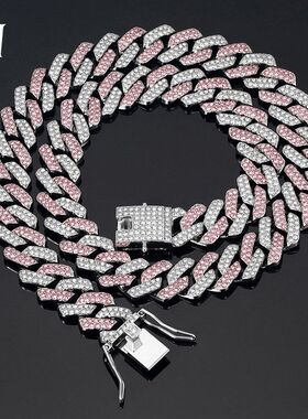 跨境新款粉色蓝色14菱形古巴链锌合金满钻嘻哈hiphop项链男女手链
