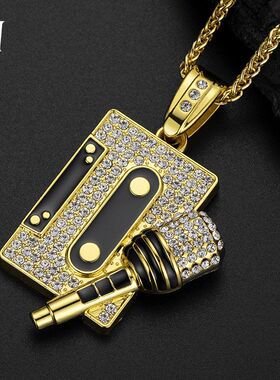 嘻哈磁带麦克风吊坠项链长款男士潮牌欧美风饰品合金镶钻跨境货源