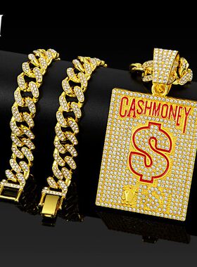 美式CASH MONEY美元美金符号方牌滴油字母项链吊坠古巴链子跨境