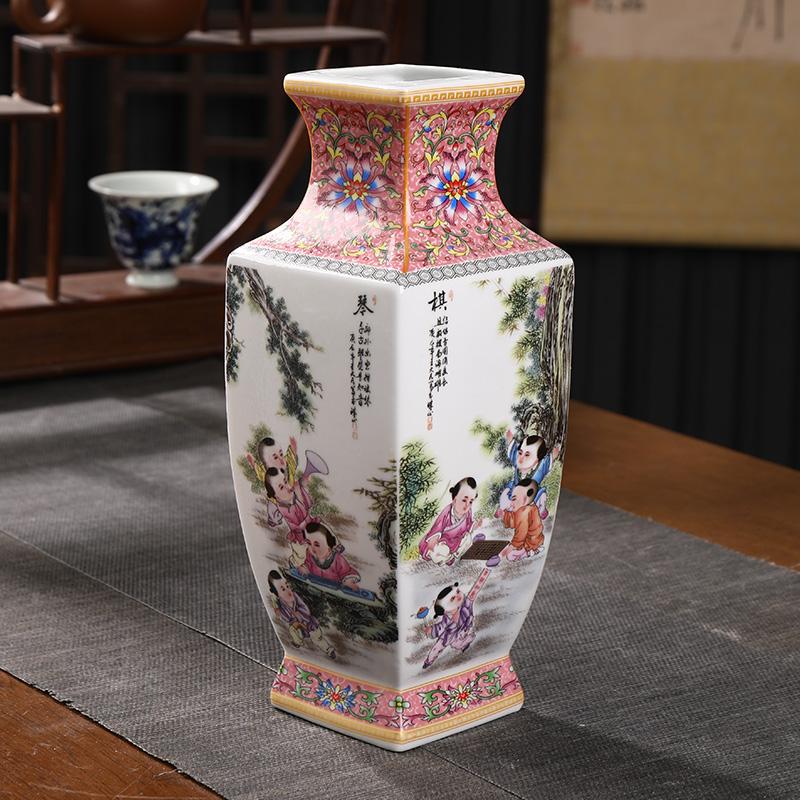 景德镇陶瓷器仿古粉彩童子四方花瓶家居客厅电视柜玄关摆件装饰品