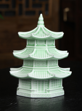 景德镇陶瓷凉亭塔中式建筑家居客厅酒柜玄关装饰品办公室桌面摆件