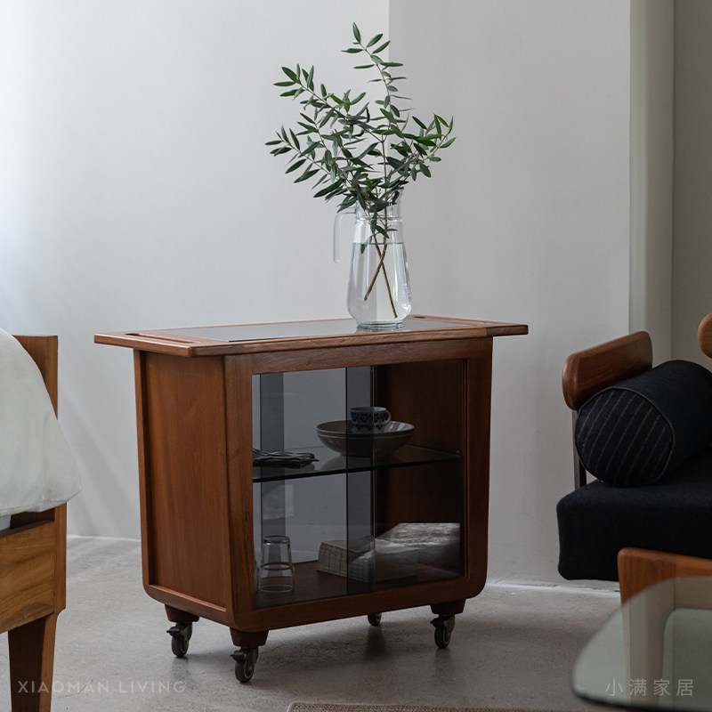 小满北欧「玻璃海」柚木陈列小推车移动餐车餐边柜