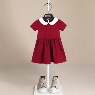 女童纯色短袖连衣裙宝宝儿童装藏青酒红学院风白娃娃领纯棉裙子