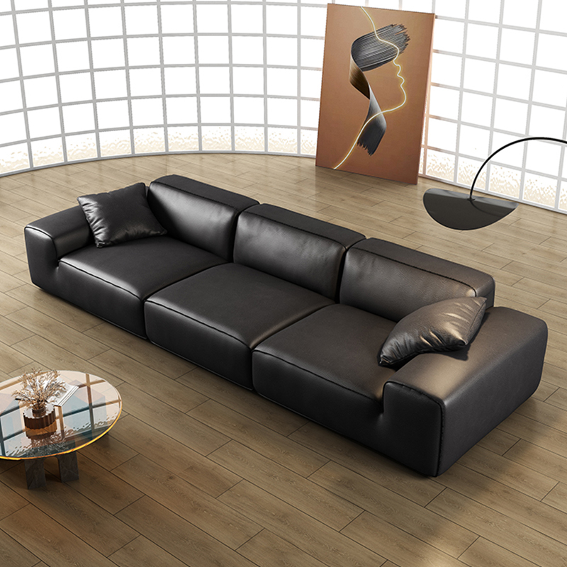 意式简约真皮大黑牛沙发2025新款客厅直排黑色真皮沙发轻奢高端