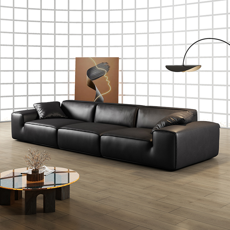 意式简约真皮大黑牛沙发2025新款客厅直排黑色真皮沙发轻奢高端