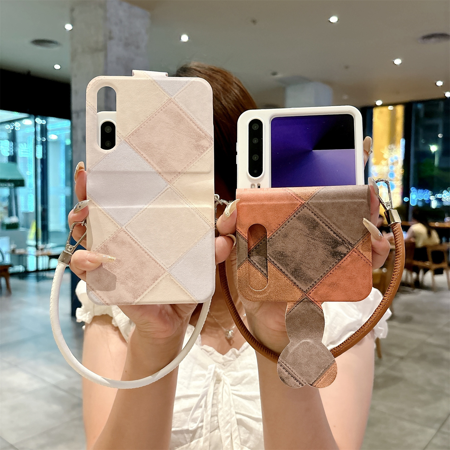 拼色粉棕格子纹笔记本适用华为purax手机壳pocket2保护套novaflip小折叠屏皮套中轴全包边防摔带挂绳扣女新款