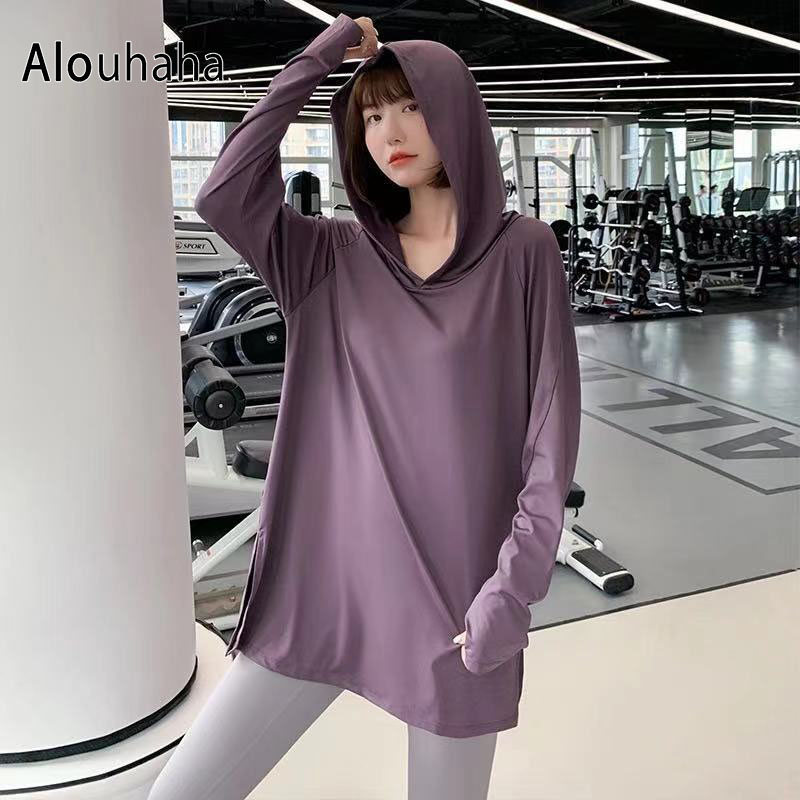 ALO UHAHAHA~瑜伽服连帽T恤女健身服秋款显瘦大码运动装宽松罩衫