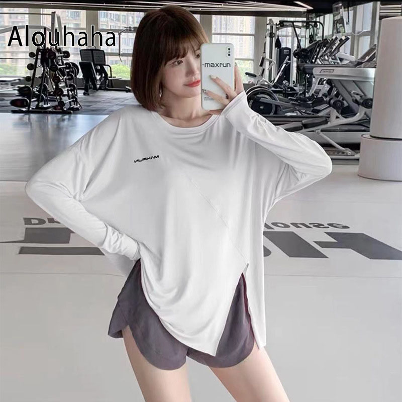 ALO UHAHAHA~速干T恤瑜伽上衣女开叉宽松罩衫大码胖mm健身服长袖