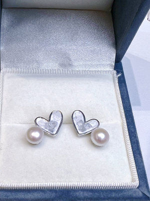 天然淡水珍珠耳钉s925银针蓝色渐变碎冰爱心耳环新中式风清新女