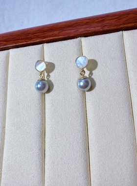 通体S925纯银耳环海水真多麻银灰蓝色6-7mm海水珍珠耳钉耳环耳饰