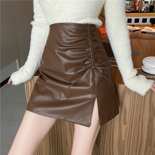 Real shooting autumn and winter drawstring split PU leather skirt high waist thin versatile A-line skirt high waist half body Hip Wrap Skirt