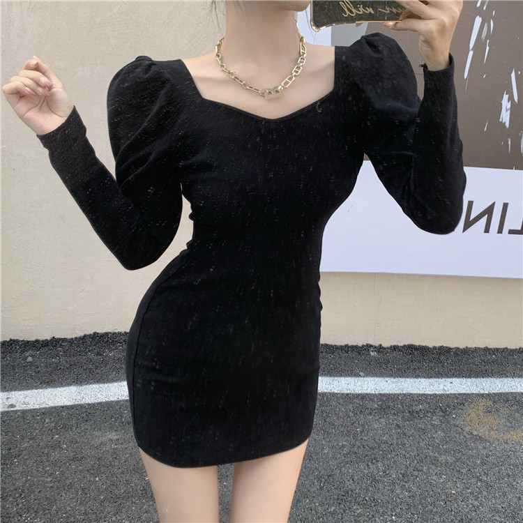 Real shot early spring long sleeve low cut sexy tight buttock dress