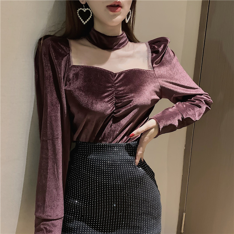 Real shot hong kong style retro square collar open back splicing stand collar mesh VELVET TOP bubble sleeve