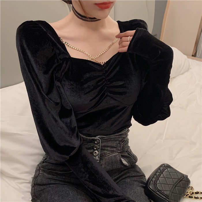 Real shot winter velvet V-neck Jinlian backless show thin long sleeve versatile bottoming top women's Pullover Top T