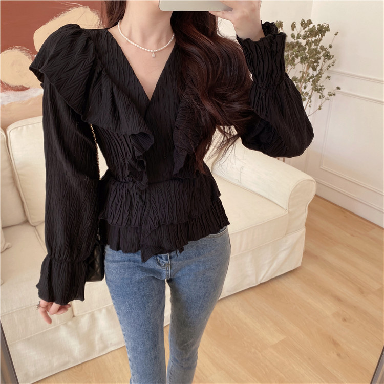 Real shot of spring wood ear edge Han Fan Chiffon Long Sleeve Shirt V-neck versatile Slim Fit Shirt spring top