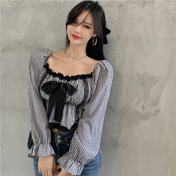 Real time Chiffon yarn splicing lantern long sleeve bowknot decorative corset shirt with one neck