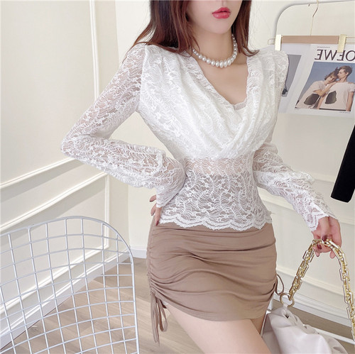 Real shooting autumn women's Cross V-neck versatile slim fitting long sleeve lace bottomed shirt