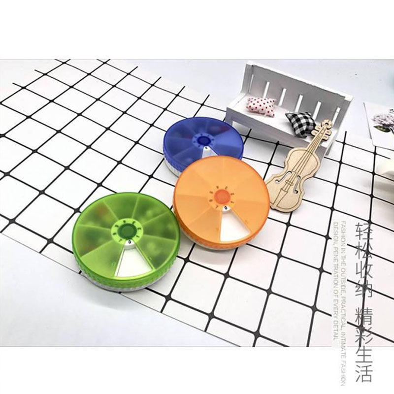 日式便携式圆形旋转7天药盒透明磨砂随身药盒一周分装收纳药盒